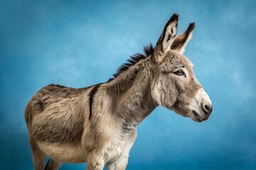 Close up of a Donkey on blue background.