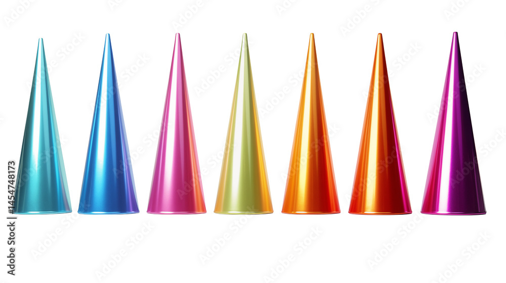 Wall mural a row of six shiny colorful cone shaped objects on a black background in a studio shot isolated on t