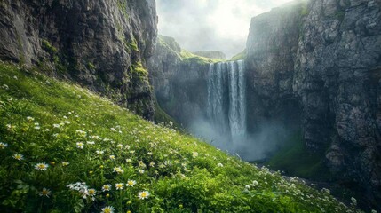 Fototapeta premium Serene Waterfall Cascading Through Lush Green Meadow
