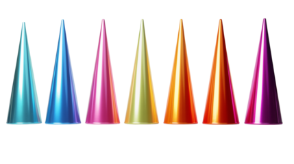 A row of six shiny colorful cone shaped objects on a black background in a studio shot isolated on transparent background