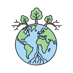 Earth day illustration of globe with trees and roots for environmental awareness and ecology concept