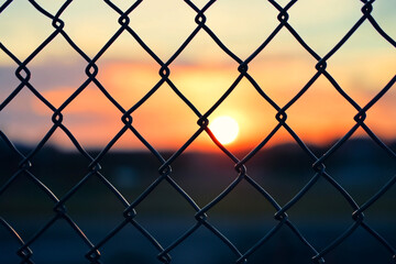 Fototapeta premium Sunset Through Chain Link Fence A Captivating Silhouette