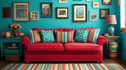 Cozy Living Room Interior: Bright Turquoise Walls, Red Sofa, Colorful Pillows, Artistic Displays, Table Lamp, and Vibrant Striped Rug.