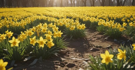 Obraz premium Sunlit daffodil field, vibrant yellow petals glistening , sunshine, sun, yellow