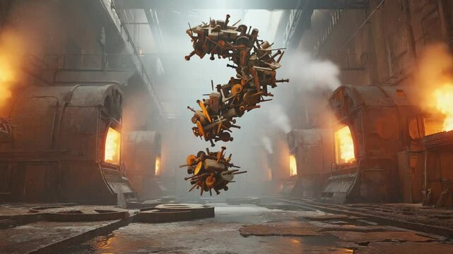 A grunge industrial scene rusted textures, an abstract metallic question mark floating rusty screws, twitching glowing faintly, surreal lighting, smoky trails, flickering shadows, cinematic horror
