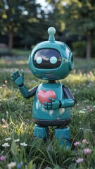 Cute 3D turquoise robot waving in wildflower field with pink balloon