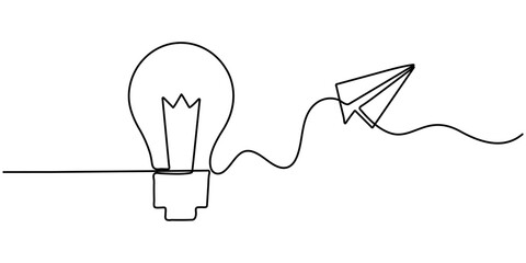 bulb with paper plan continuous one line Light Bulb, Creativity, Aspirations Continuous Line Icon, Continuous line drawing paper plane, mind, and bulb. Creative solution strategy landing page vector. 