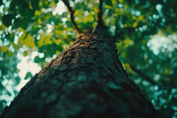 Bottom view of tree trunk to green leaves of trees in tropical forest. Tree forest for sale carbon credit