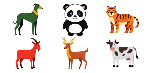 Set of Diffirent Animals Vector Illustration on White Background, Bundle of 6 Animal