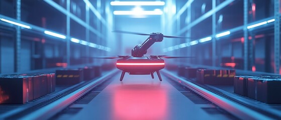 Delivery drone with robotic arm moves along conveyor belt within warehouse, symbolizing technological advancement.