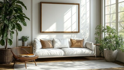 Modern interior design with a large blank picture frame.