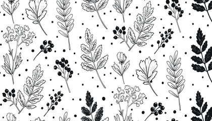Winter branch pattern. Vector Christmas tree. Crayon pine plant seamless. White black hand drawn mistletoe, fir pine, holly branch, Christmas tree pattern. Line Xmas background.