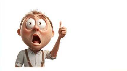 A playful 3D render of a man with a huge head, gasping in amazement while pointing to the right, isolated on a clean white background with text space
