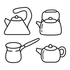 Electric kettles.Cookware kitchen. Teapot icon.Teapot doodle icon.Field kitchen.Travel iron kettle.Coffee turk with a drink.Coffee cezve.Coffee