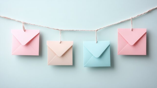 Love letters on string with pastel envelopes and empty cards - minimalist romantic decor with soft colors, sweet aesthetic, artistic expression of love