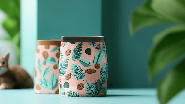 Stylish decorative jars with tropical designs next to a cute cat in a cozy indoor setting