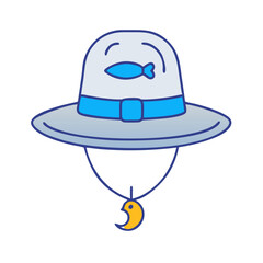 Illustration of a hat with fish design and a bird pendant fashion accessory for outdoor wear