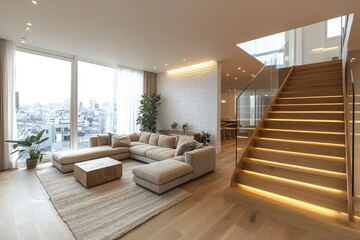 Fototapeta premium Modern living room with a panoramic cityscape view.
