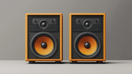 Fototapeta premium Two vintage speakers with full range drivers. Retro audio equipment with wooden cabinet. Black cone and orange speaker, classic design. Stereo system, high fidelity sound, musical enjoyment.