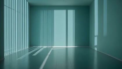 An empty, modern, minimalist room bathed in turquoise light creating an architectural design.