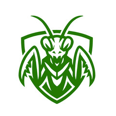 Praying Mantis Mascot Vector Illustration in Green Shield Style