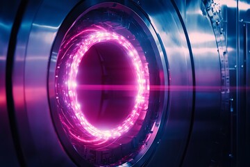   Rotating violet energy ring inside a metallic chamber lit by flashing red and cyan data pulses -