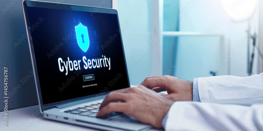 Poster cyber security system on computer screen protect private information brisk from hacker and cyber att