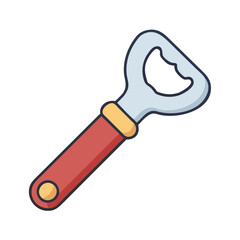Illustration of a bottle opener tool for opening bottles and cans with a red handle and silver metal