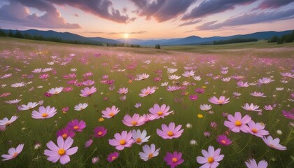 A serene field of pink and purple cosmos flowers under a colorful sunset sky.