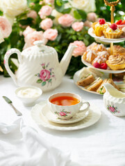 Afternoon tea table. Assortment of cakes, sweets and sandwiches. Rose garden background.
