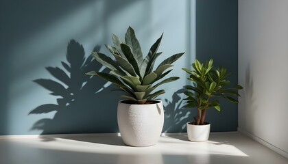 Obraz premium Two lush green potted plants stand gracefully against a blue wall, enhanced by natural light and long shadows.