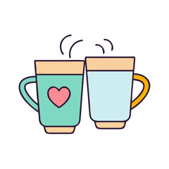 Two mugs of hot drink with heart and steam perfect for valentine's day and friendship day card