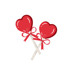 Heart shaped red lollipops with bows. Sweet candy. Greeting card of Valentine's Day, Women's Day, holiday, wedding. Hand drawn vector illustration