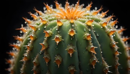 Fototapeta premium A captivating macro shot reveals a cactus with water droplets, showcasing its sharp spines.