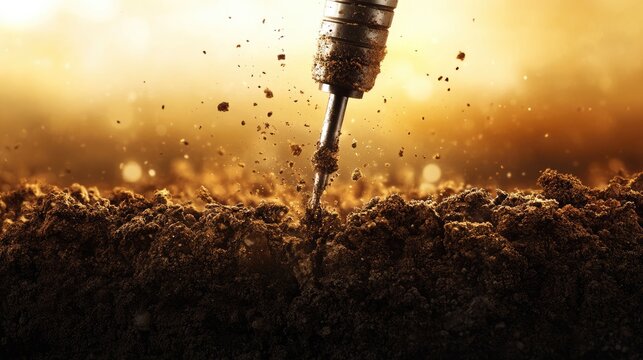 Close-up of a drill bit breaking through layers of rocky soil, mud and oil mixing as it carves into the earth crust. Concept of raw energy extraction.