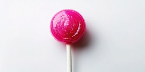 A pink round lollipop with a glossy surface on a white stick, against a pure white background, highlighting the lollipop's color and shape.