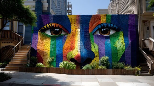 Vibrant colorful face mural on building showcasing dynamic street art in urban setting - Powered by Adobe