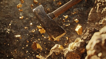 Close-up of a pickaxe striking stone, golden fragments flying mid-air, symbolic of the hard work behind gold discovery and extraction.