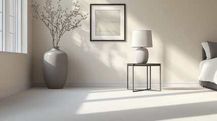 Vase on metal table and grey lamp in spacious bedroom with white carpet and gallery on wall above bed illustration , no logos, no brands