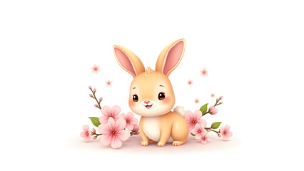 Baby Bunny Nestled Among Blooming Cherry Blossoms in Watercolor