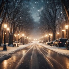 Snowy City Street at Night with Glowing Streetlights and Falling Snow
