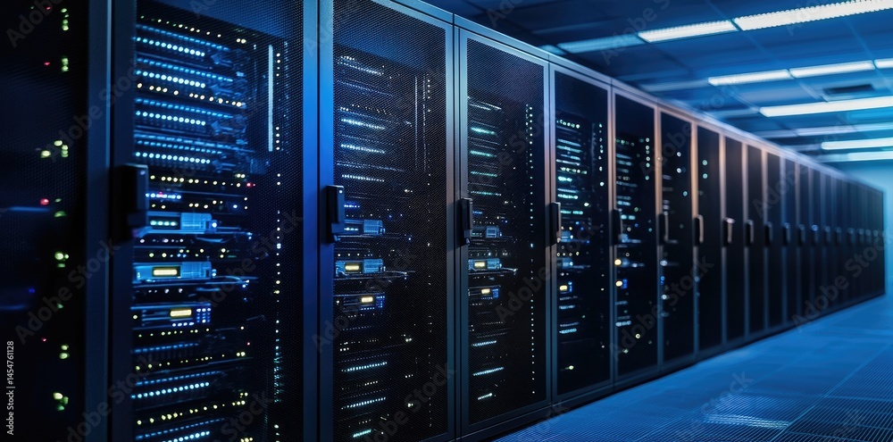 Poster closeup view of glowing blue server racks in a modern data center, ideal for tech articles, cloud se