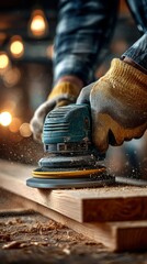Person sanding wood with a power sander closely