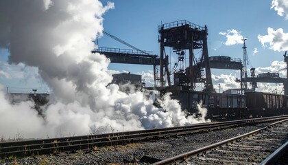 Industrial Railway Scene with Steam and Cargo Transport in Action