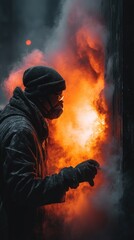 Obraz premium Person with mask in smoke and fire background scene