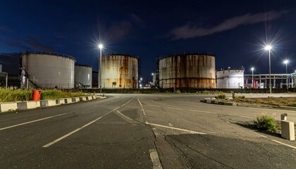 Obraz premium Nighttime View of Industrial Storage Tanks with Street Lights