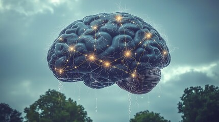Floating brain with electric currents running through its neural network connecting neurons with glowing pathways The brain is suspended in mid air against a dark futuristic background