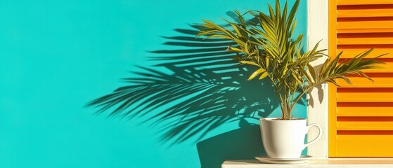 Fototapeta premium Tropical Palm Plant in White Pot Teal Wall Orange Shutters