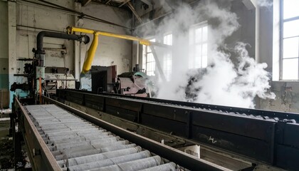 Obraz premium Abandoned Industrial Factory with Conveyor Belt and Steam Release