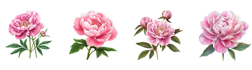 Set of A beautifully detailed painted pink flower with green leaves on transparent png background. Ai generated